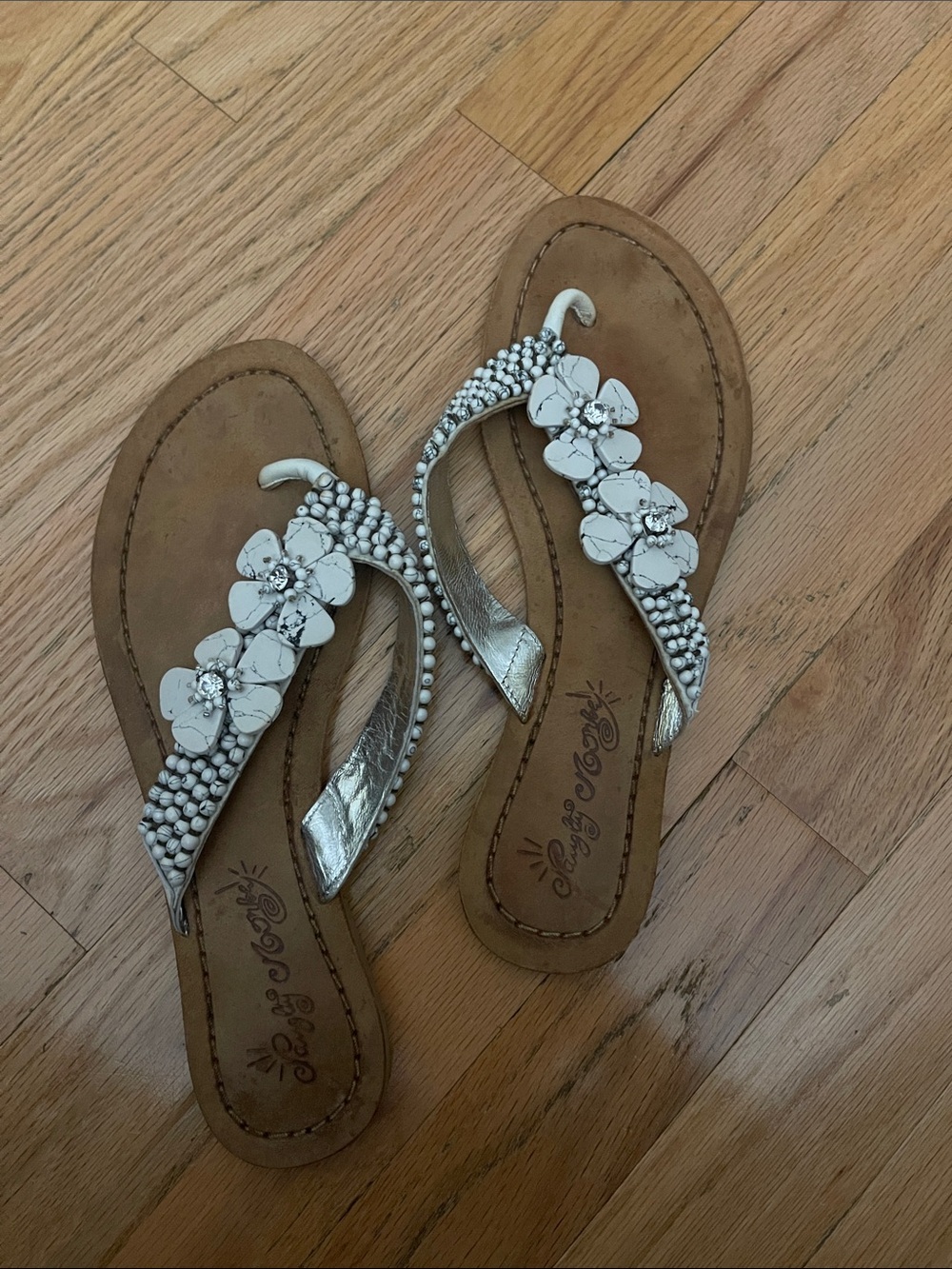 naughty monkey Silver and White Floral Beaded Flip Flop Sandals